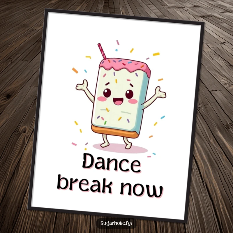 Funny Digital Art Print: A jubilant candy bar dancing with a shower of colorful sprinkles, a humorous and festive visual.