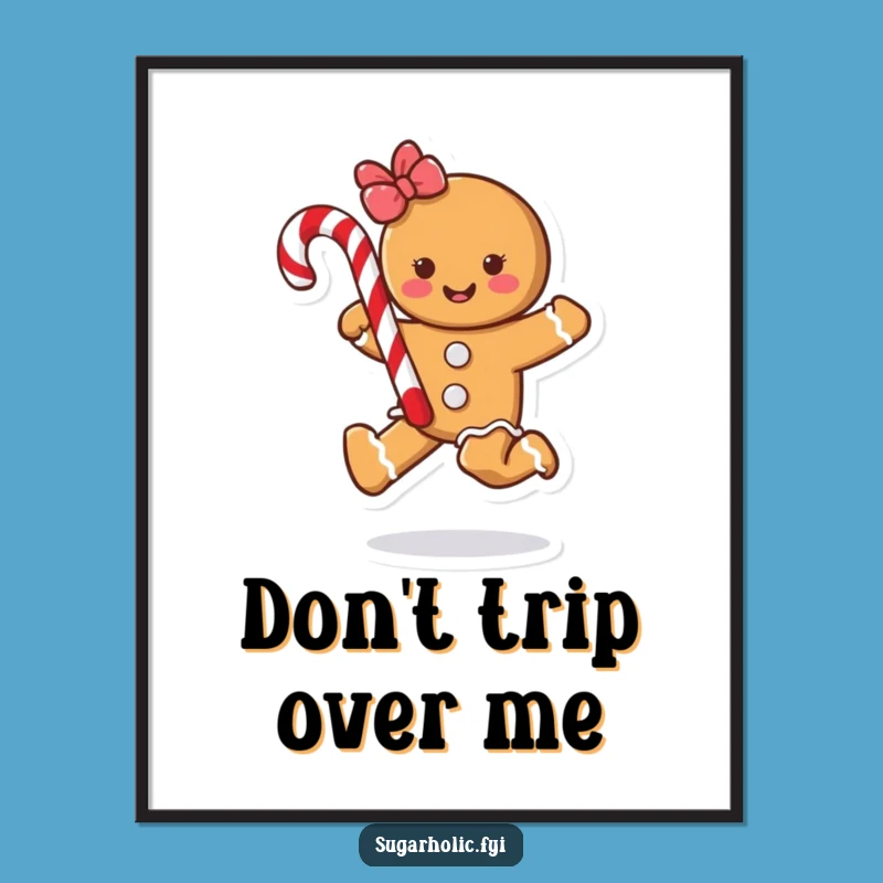 Funny Gingerbread Cookie Skipping Candy Cane Digital Art - Instant Humorous Decor