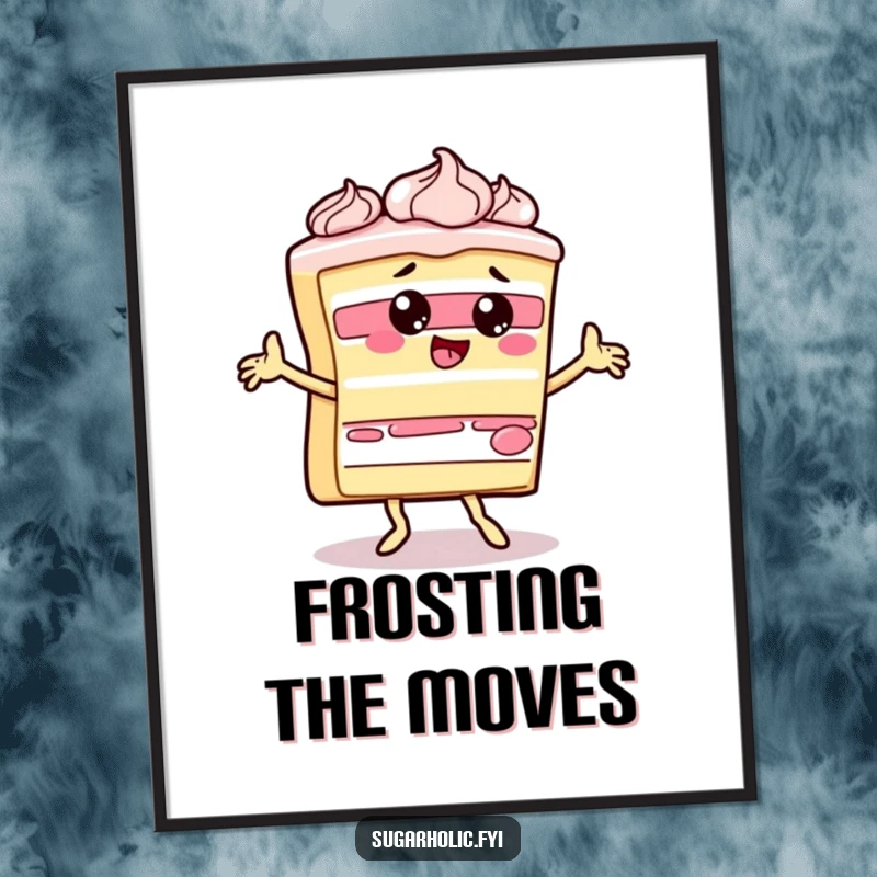 Funny slice of cake character doing a silly dance with frosting, available as a high-resolution digital art print for humorous decor.