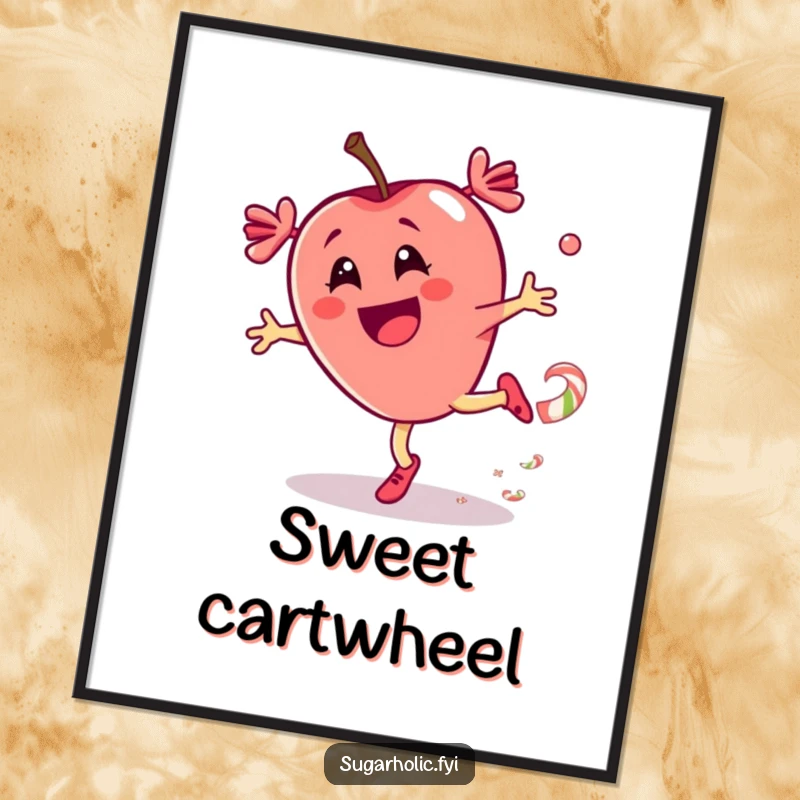 Funny digital art print of a thrilled candy apple character in a cartwheel motion with a candy trail, perfect for energetic decor.