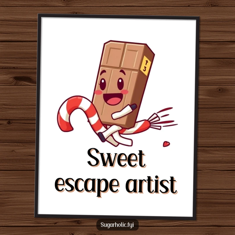 Funny chocolate bar character joyfully rides a runaway candy cane, a vibrant and humorous digital art print.