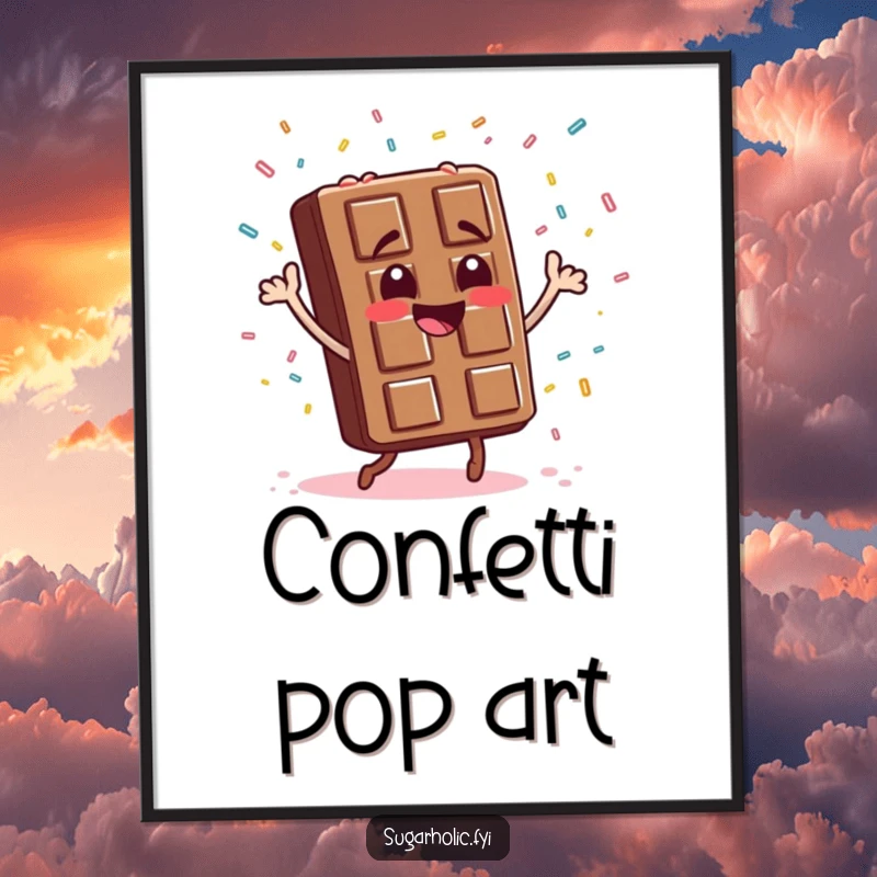 Funny chocolate bar character in a dynamic dance pose, surrounded by a playful explosion of candy sprinkles, striking digital art.