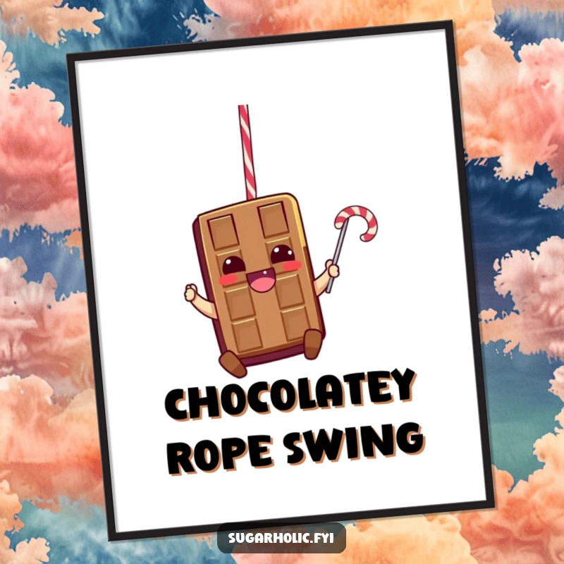Funny digital art print of a thrilled chocolate bar character swinging from a licorice rope, symbolizing boundless energy and sweet excitement.