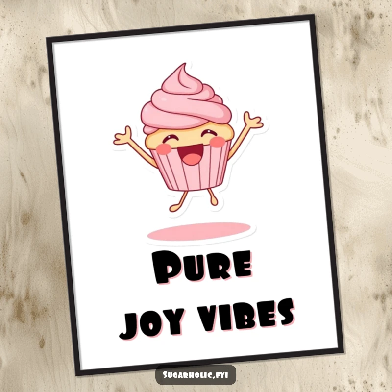 Funny cupcake character bouncing with sheer delight, high-resolution digital art, perfect for instant humorous decor.
