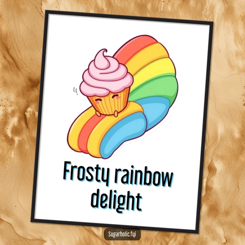 Funny Digital Art Print of a giggling cupcake character sliding down a vibrant rainbow made of luscious frosting, full of sweet fun.