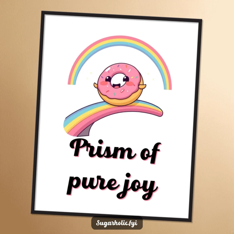 Funny cartoon donut character comically sliding across a vibrant rainbow bridge, high-resolution digital art print.