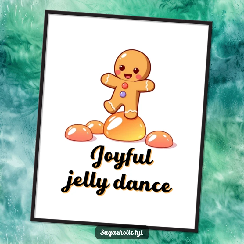Funny digital art print of a joyful gingerbread person character artfully balancing on wobbling jelly candies, celebrating sweetness.