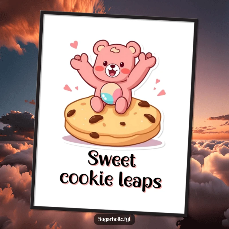 Funny digital art print of a gummy bear character excitedly jumping on a giant cookie, radiating sweet energy and playful joy.