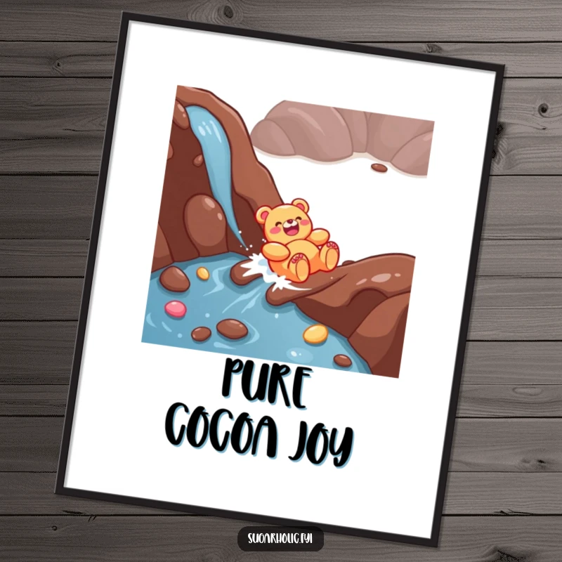 Funny Gummy Bear Digital Art Print: A giggling character happily sliding down a chocolate river, ready to spread cheer.
