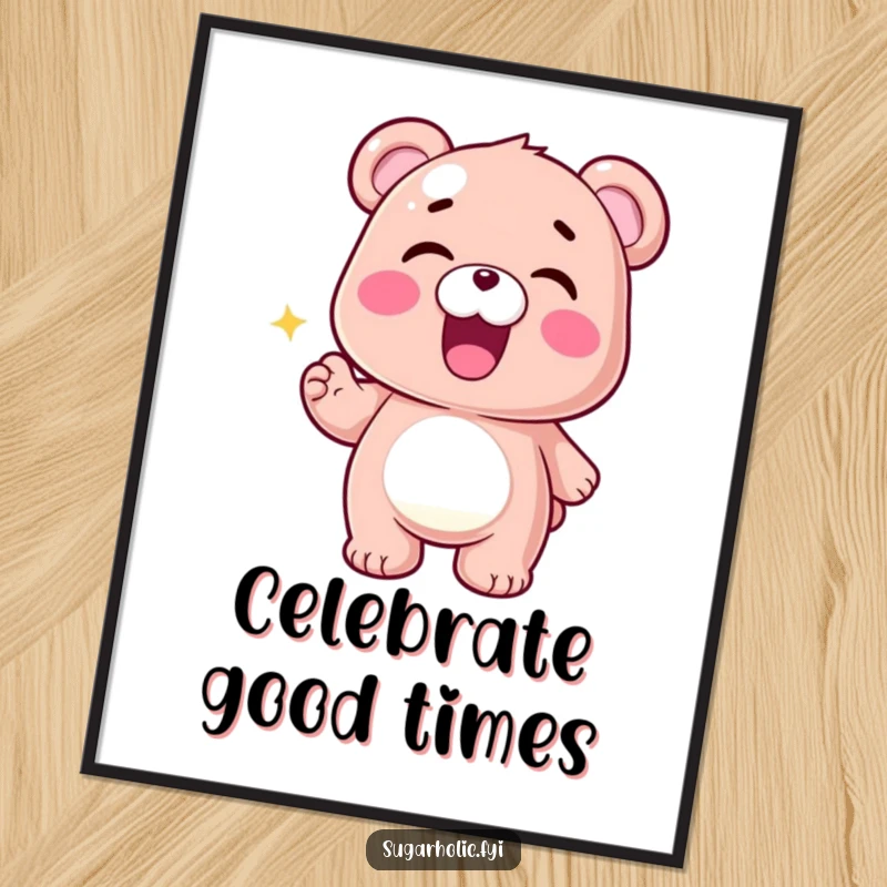 Funny Gummy Bear Digital Art Print of a thrilled gummy bear character doing an exuberant wiggle, perfect for vibrant and humorous wall decor.