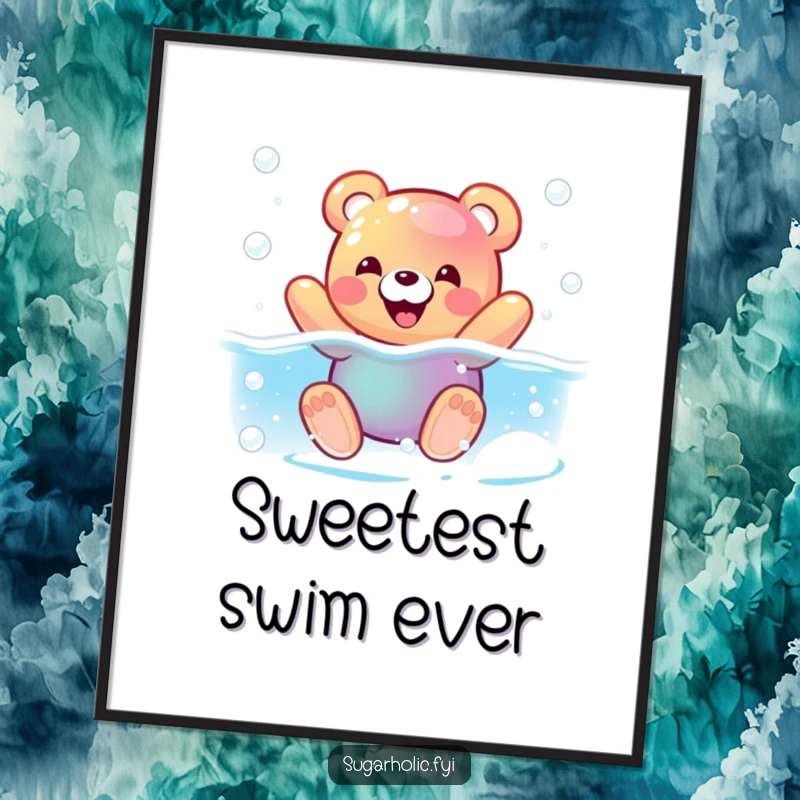 Funny digital art print of a pleased gummy bear character swimming in a fizzy soda pool, for humorous and bubbly wall decor.