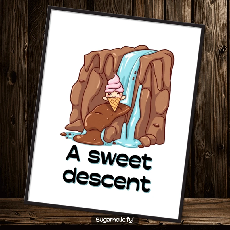Funny ice cream cone digital art print of a giddy character sliding down a chocolate waterfall, instant hilarious decor for sweet-themed rooms.