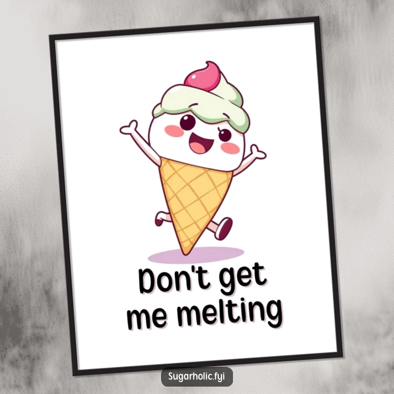 Funny ice cream cone character doing a cartwheel, available as a high-resolution digital art print for humorous and joyful decor.