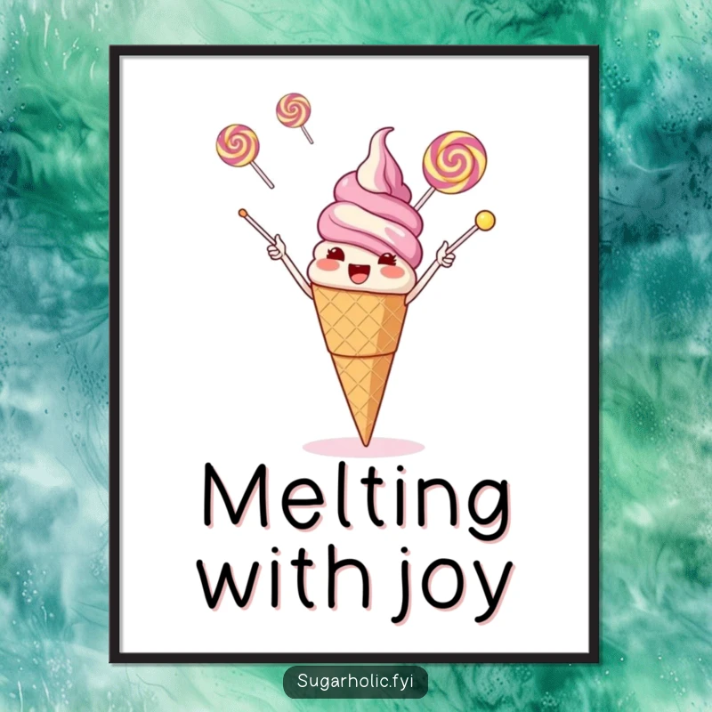 Funny giggling ice cream cone juggling three flying lollipops with its cone, high-resolution digital art print.