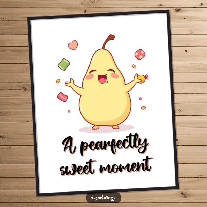 Funny laughing pear digital art print, a cartoon pear joyfully juggling candies, perfect for instant, charming wall decor.