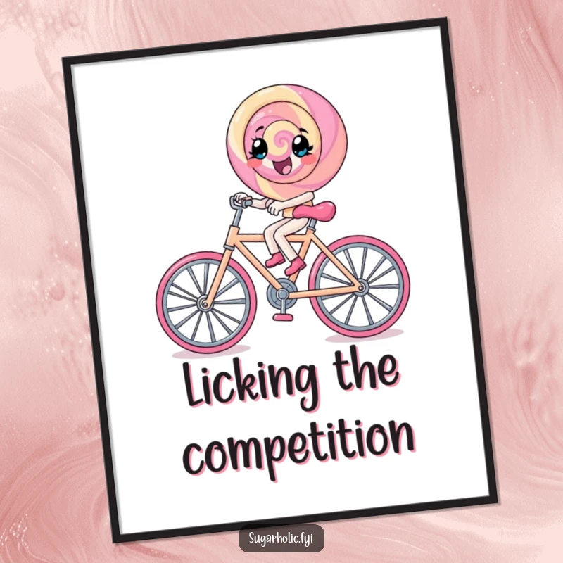 Funny lollipop character excitedly pedals a tiny rock candy bicycle, cheerful and humorous digital art.