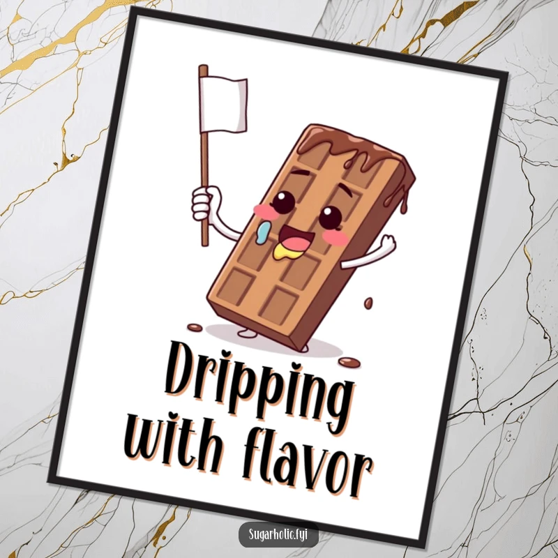 Funny digital art print of a melting chocolate bar character comically waving a dripping flag, radiating sweet humor and a funny defeat.