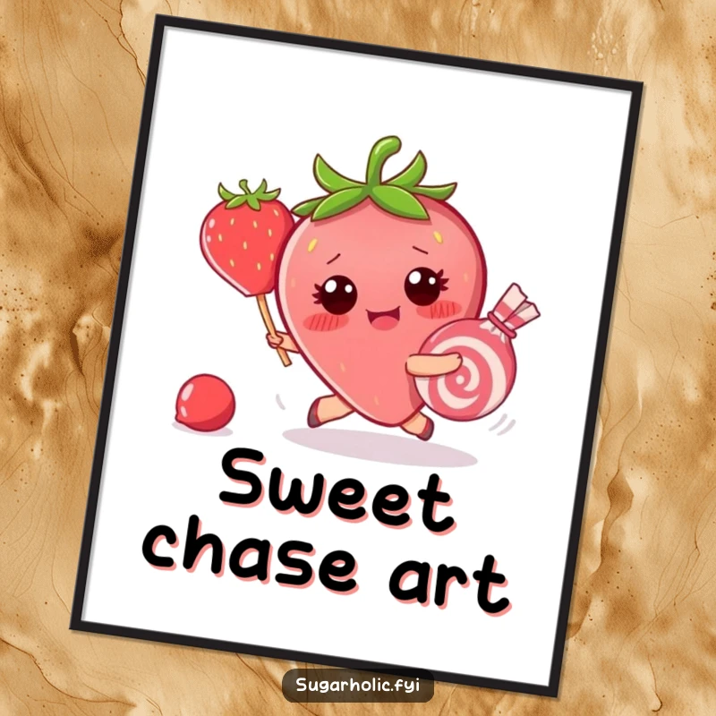 Funny digital art print of a blushing strawberry character chasing a runaway candy, embodying pure, contagious sweetness and humor.