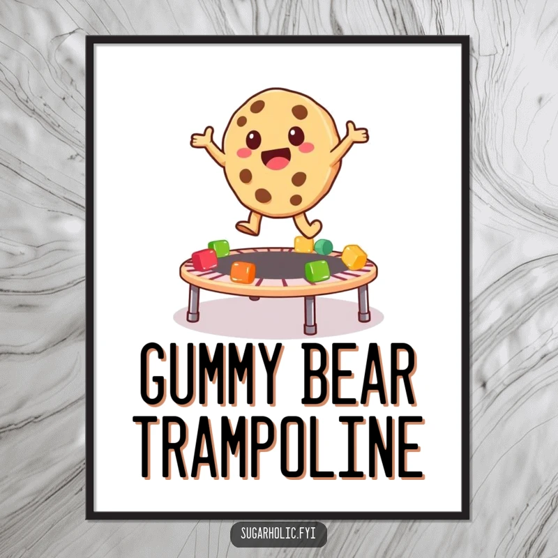 Funny Digital Art Print of a playful cookie character bouncing high on a trampoline made of colorful gummy bears, radiating fun.