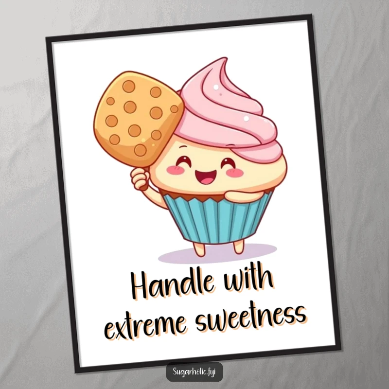Funny cupcake character fanning with a wafer, available as a digital art print, conveying immediate humorous relief.