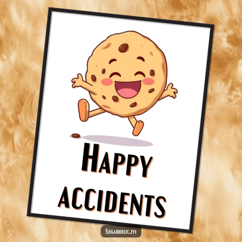 Funny cookie character digital art print, comically tripping yet grinning with delight, conveying cheerful resilience.