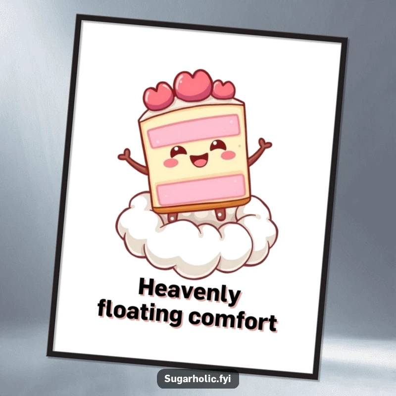 Funny happy slice of cake bouncing joyfully on a cloud of whipped cream, high-resolution digital art print.