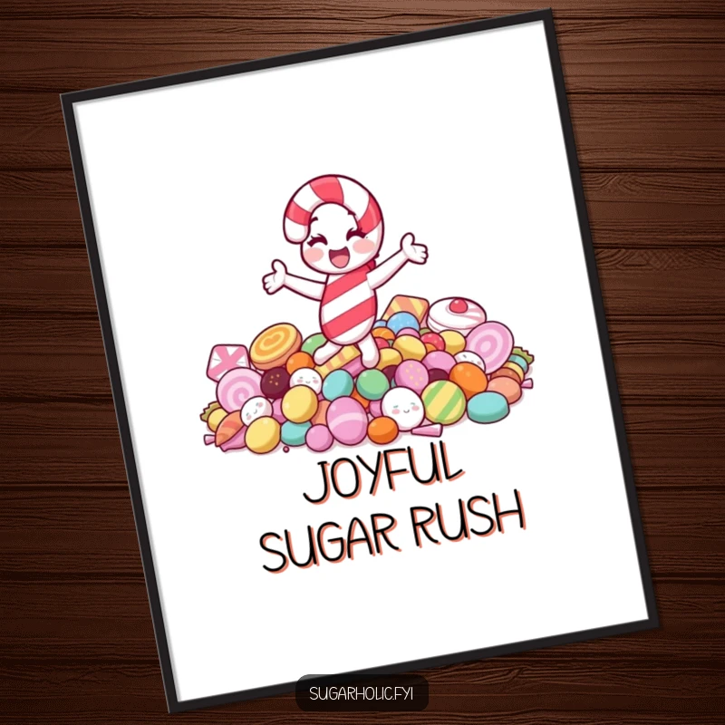 Funny digital art print of a joyful candy cane character spinning on a pile of sweets, radiating festive happiness and fun.