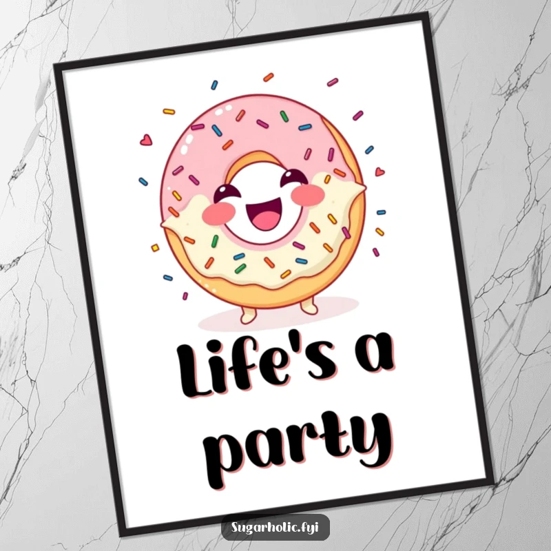 Funny Digital Art Print of a laughing donut character joyfully juggling colorful sprinkles with a wide grin.