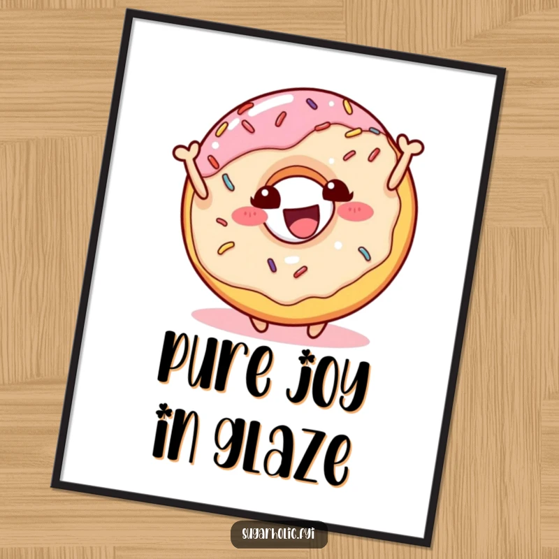 Funny donut character with sprinkles bouncing enthusiastically in a high-resolution digital art print, capturing pure joy and humor, a funny gift.