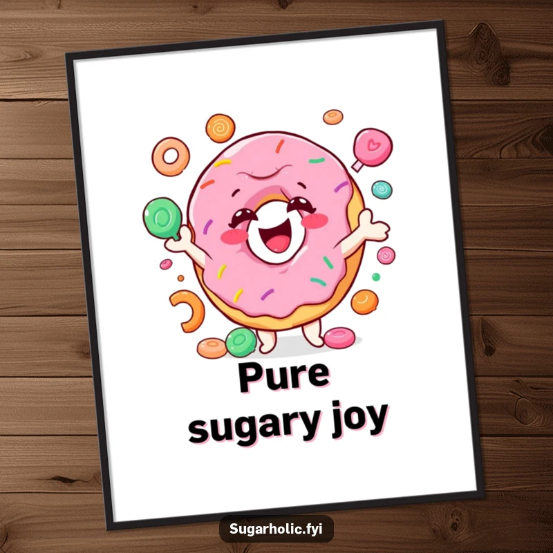 Funny donut digital art print of a smiling character joyfully juggling colorful candy, instant hilarious decor for sweet-themed rooms and digital displays.