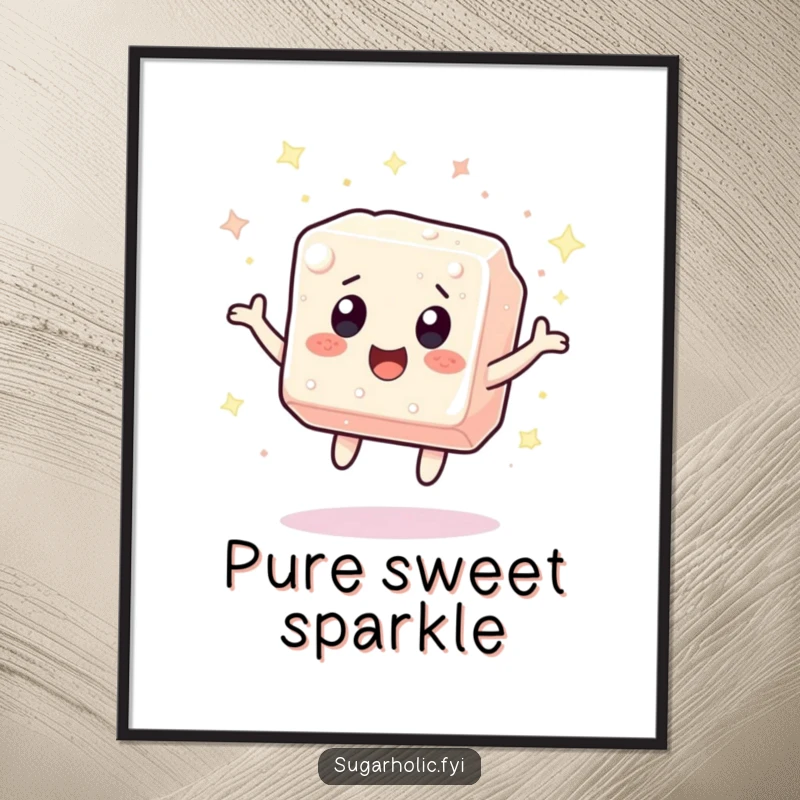 Funny sugar cube character bouncing with excitement, surrounded by sparkles, offered as a high-resolution digital art print for immediate humorous decoration.