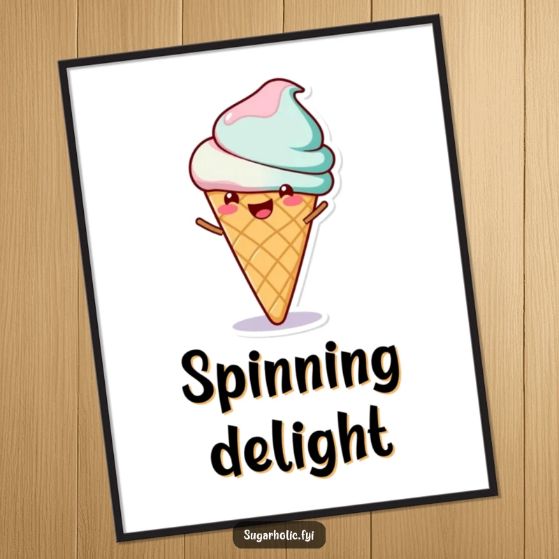 Funny digital art print of a cheerful ice cream cone character happily spinning, embodying pure, contagious sweetness and joy.