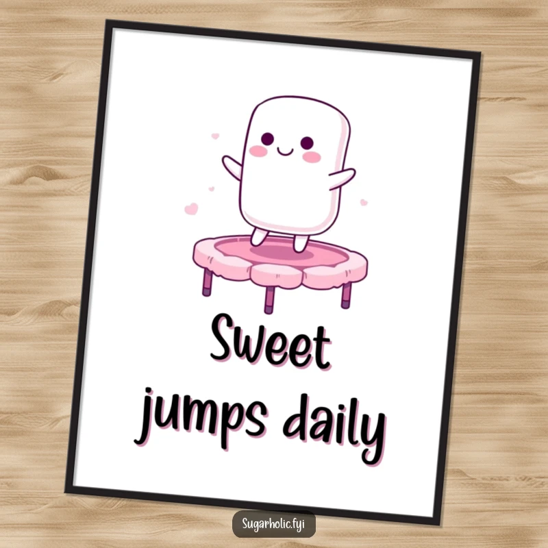 Funny digital art print of a smiling marshmallow character bouncing on a candy floss trampoline, radiating sweet joy and playful energy.