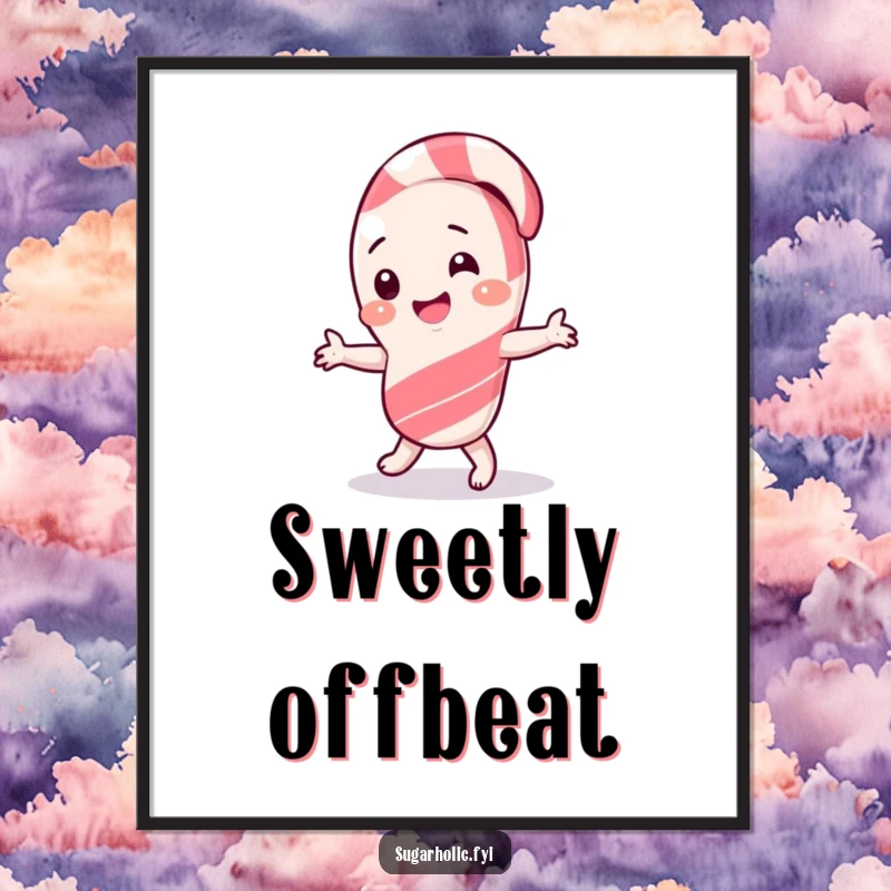 Funny Digital Art Print of a giggling candy cane character joyfully doing a silly dance.