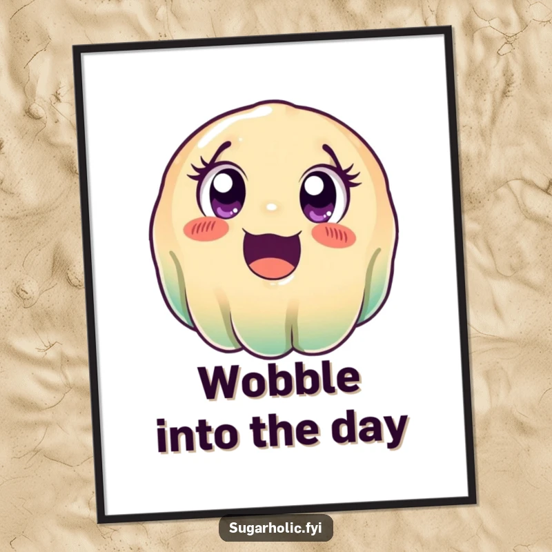 Funny wobbly jelly digital art print, a cute cartoon jelly character rolling with excitement, perfect for instant, joyful wall decor.
