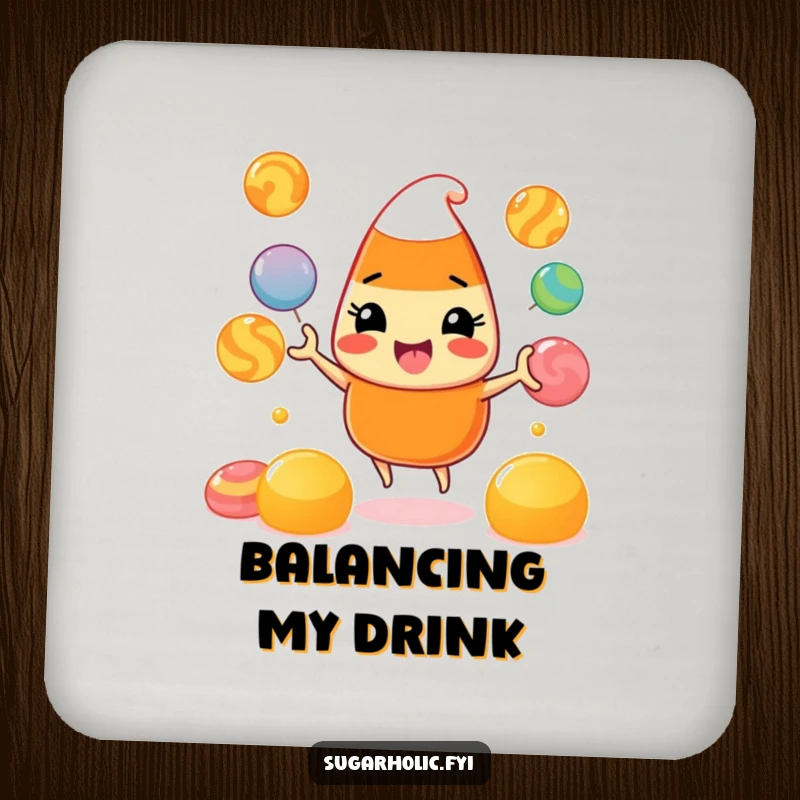 Funny Coaster: A protective coaster showcasing a beaming candy corn character juggling colorful gumdrops, adding a whimsical touch.