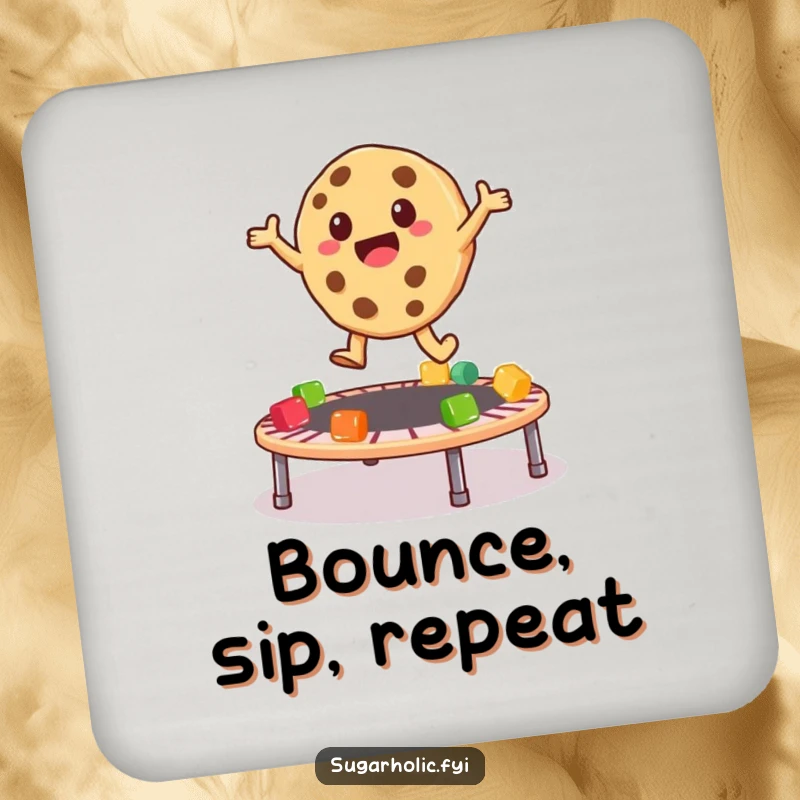 Funny Drink Coaster illustrating a playful cookie character bouncing high on a trampoline made of colorful gummy bears.