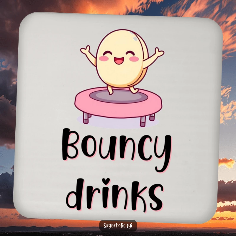 Funny macaron coaster featuring a delighted character bouncing on a jelly bean trampoline, protecting surfaces with hilarious and playful style.