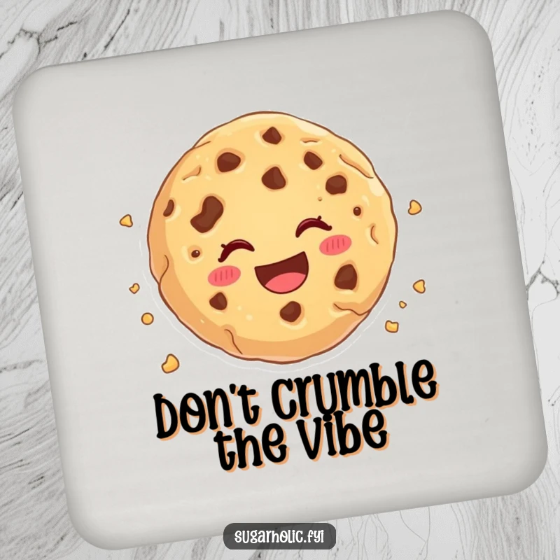 Funny cookie crumble coaster, showcasing a cartoon cookie cheerfully disintegrating, adding humor and protecting surfaces.