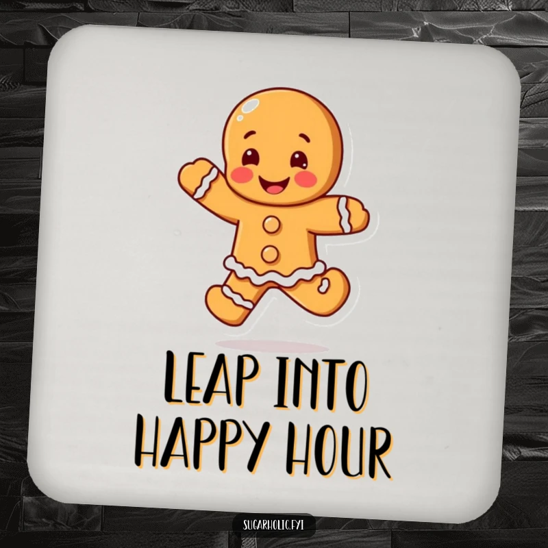 Funny Gingerbread Man Coasters featuring a blushing character doing a happy leap, adding sweet protection and funny humor.