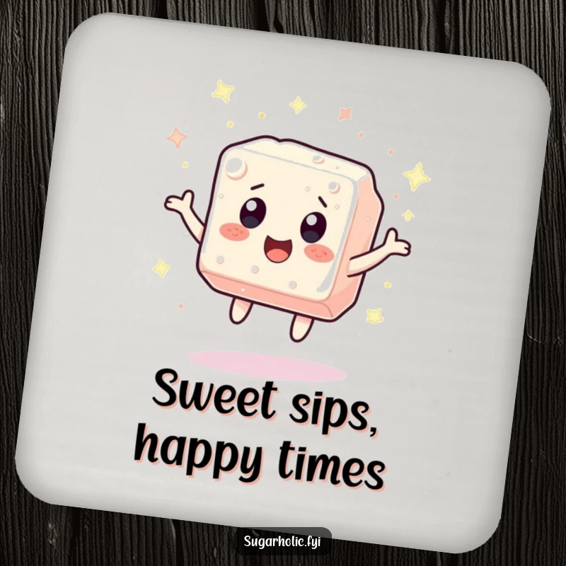 Funny sugar cube character bouncing with excitement, surrounded by sparkles on a protective drink coaster, adding humorous flair to surfaces.