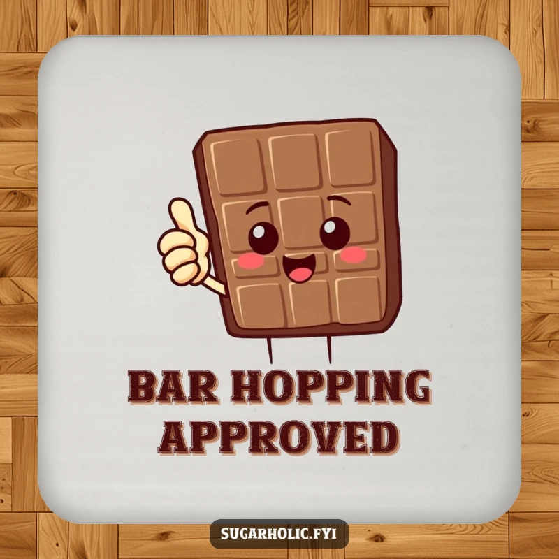 Funny Chocolate Bar Coasters featuring a delighted chocolate bar character giving a thumbs up, adding sweet protection and funny humor.