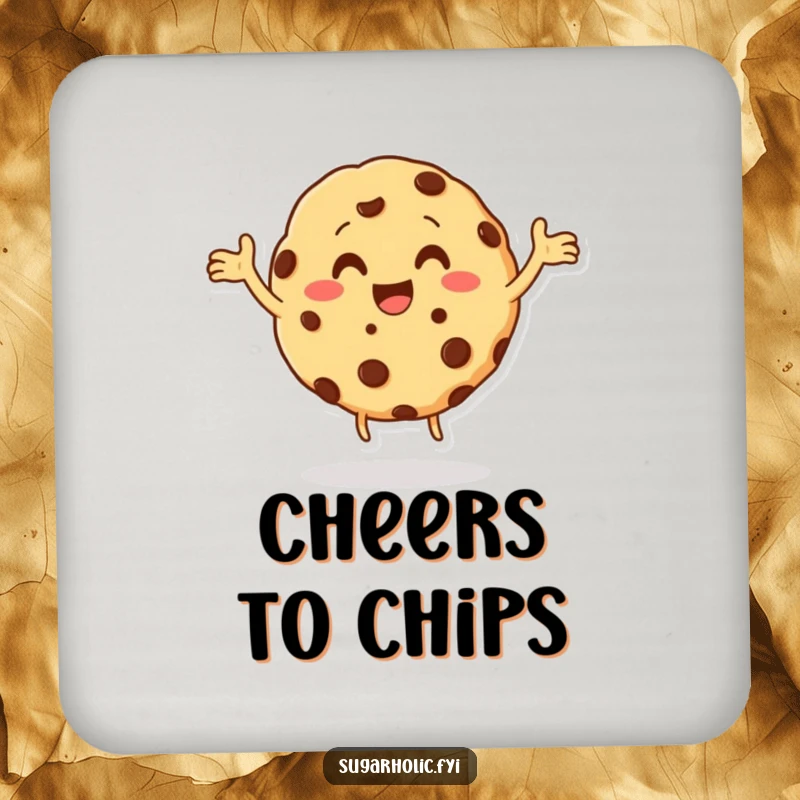 Funny cookie character with chocolate chips doing a happy dance on a drink coaster, adding charm and humor while protecting surfaces, a funny gift.