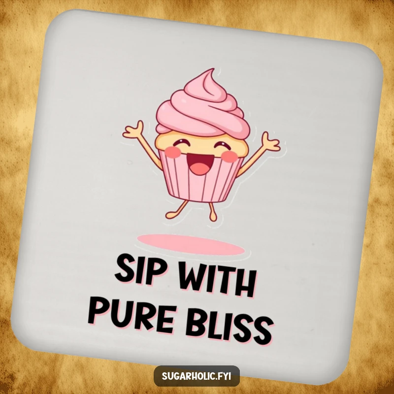 Funny excited cupcake character mid-bounce, a humorous coaster for drinks, protecting surfaces with joy.