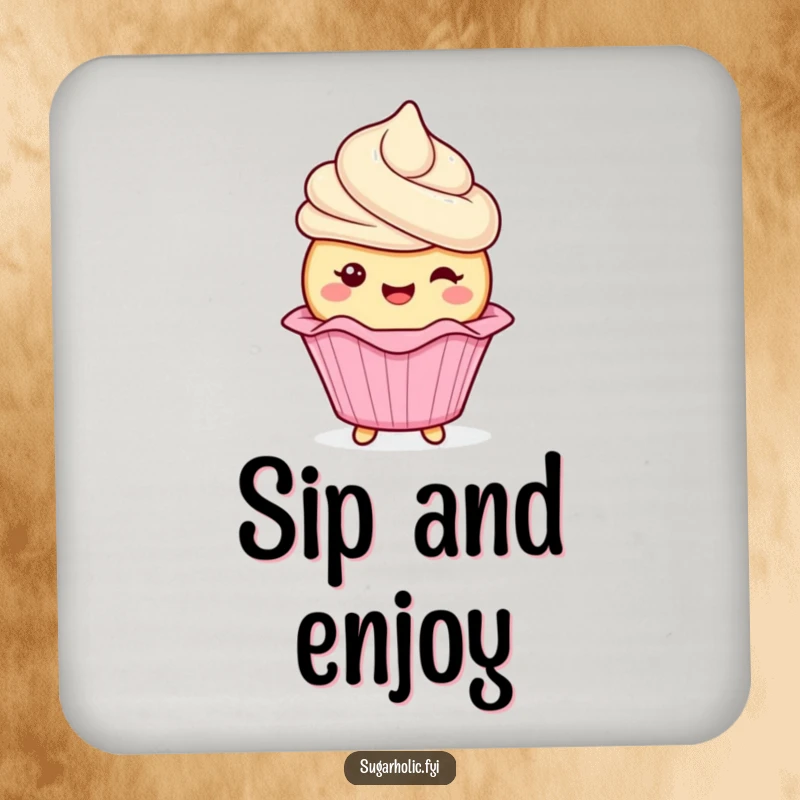 Funny cupcake character with frosting gleefully wiggling its wrapper on a drink coaster, offering surface protection with sweet humor, a funny gift.