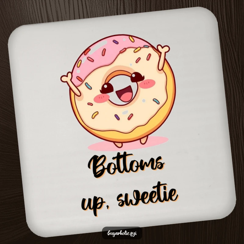 Funny donut character with sprinkles bouncing merrily on a drink coaster, offering surface protection with a dose of humor, a funny gift.