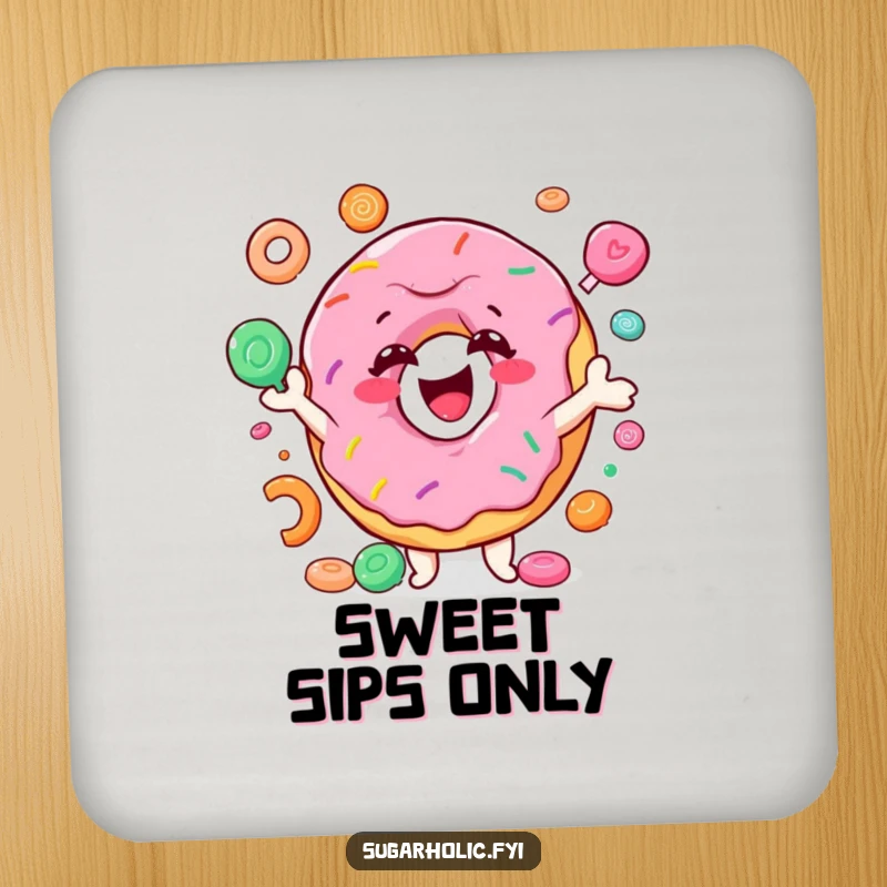 Funny donut coaster featuring a smiling character joyfully juggling colorful candy, protecting surfaces with hilarious and sweet style for any table.