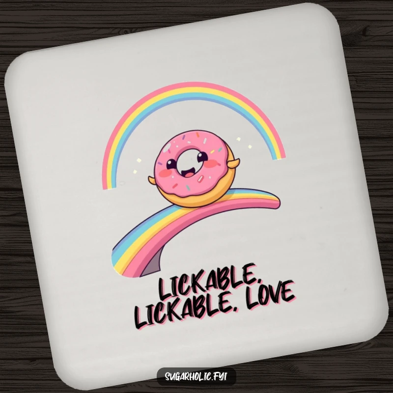 Funny smiling donut character comically sliding across a rainbow bridge, featured on a protective and humorous drink coaster.