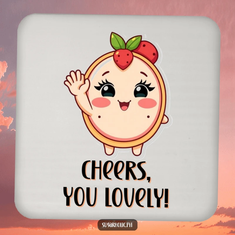 Funny coaster featuring a blushing fruit tart with eyelashes waving enthusiastically, protecting surfaces with sweetness.