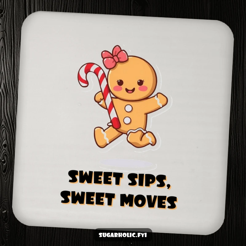 Funny gingerbread cookie character skipping with a candy cane on a humorous drink coaster, perfect for home decor.